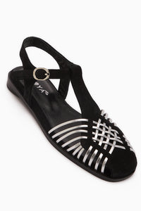 Genuine Leather Kelly Black Silver Cage Detailed Women’s Sandal