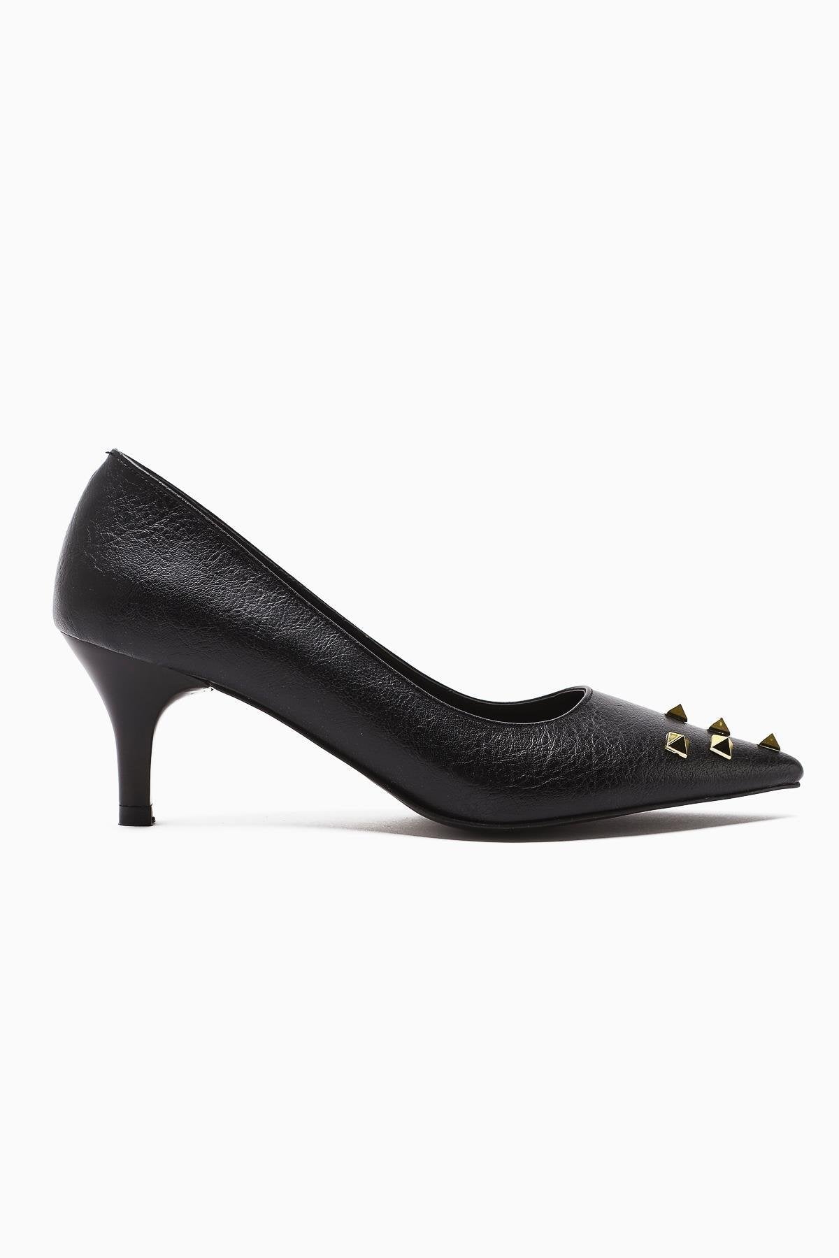 Anni Black Creased Patent Leather Pyramidal Studded Heeled Women's Shoes