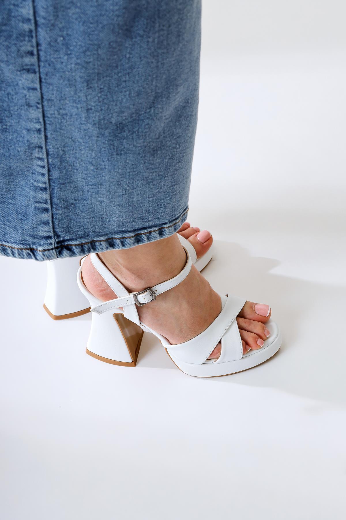 Monita White Cross-Strap Platform High Heel Sandals