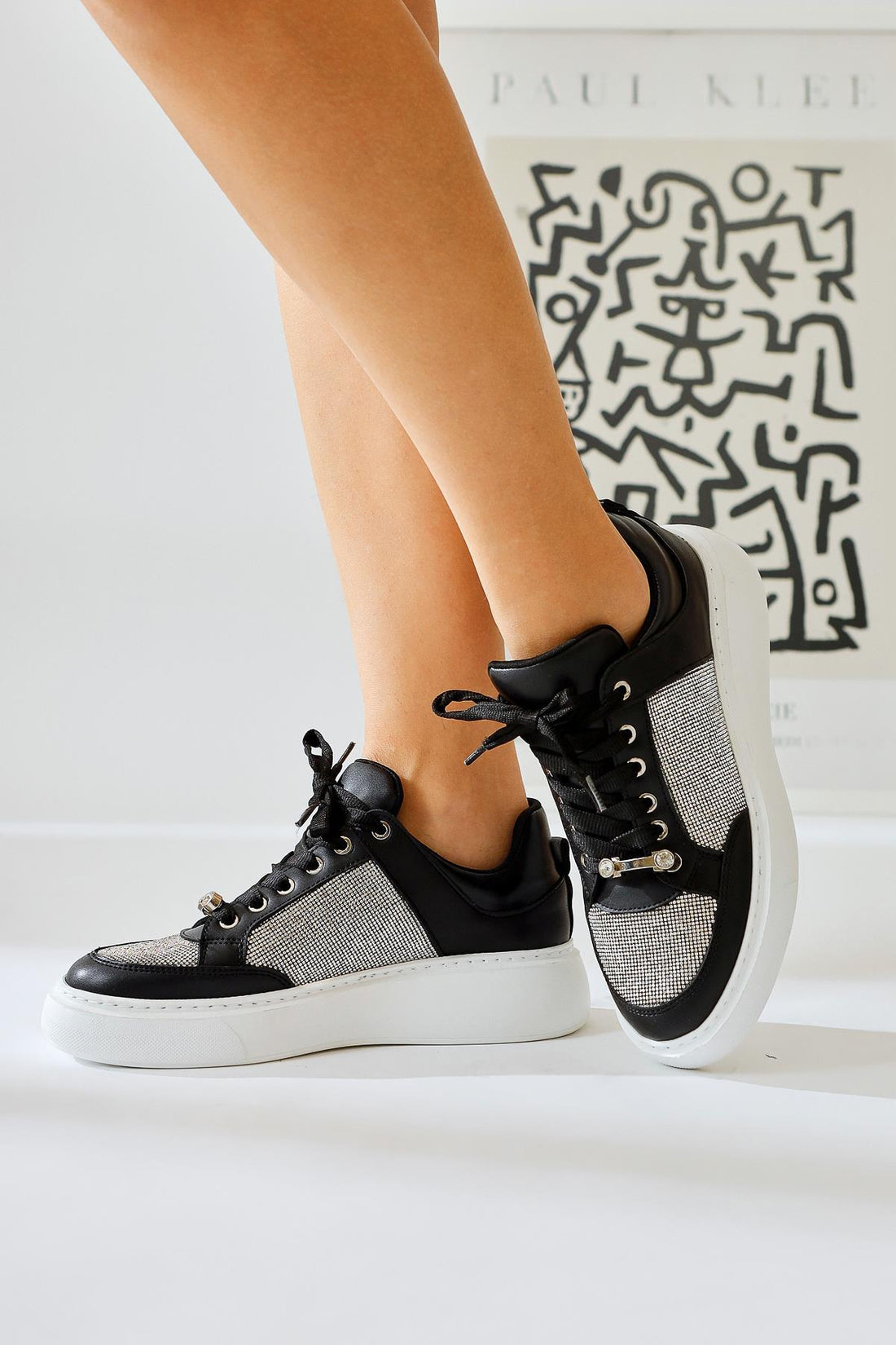 Sonnie Black Thick Soled Stone Detail Sneakers