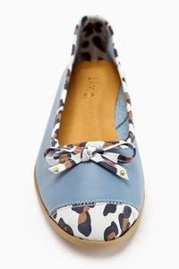 Genuine Leather Alfreda Blue Leopard Detailed Bow Women's Ballerinas