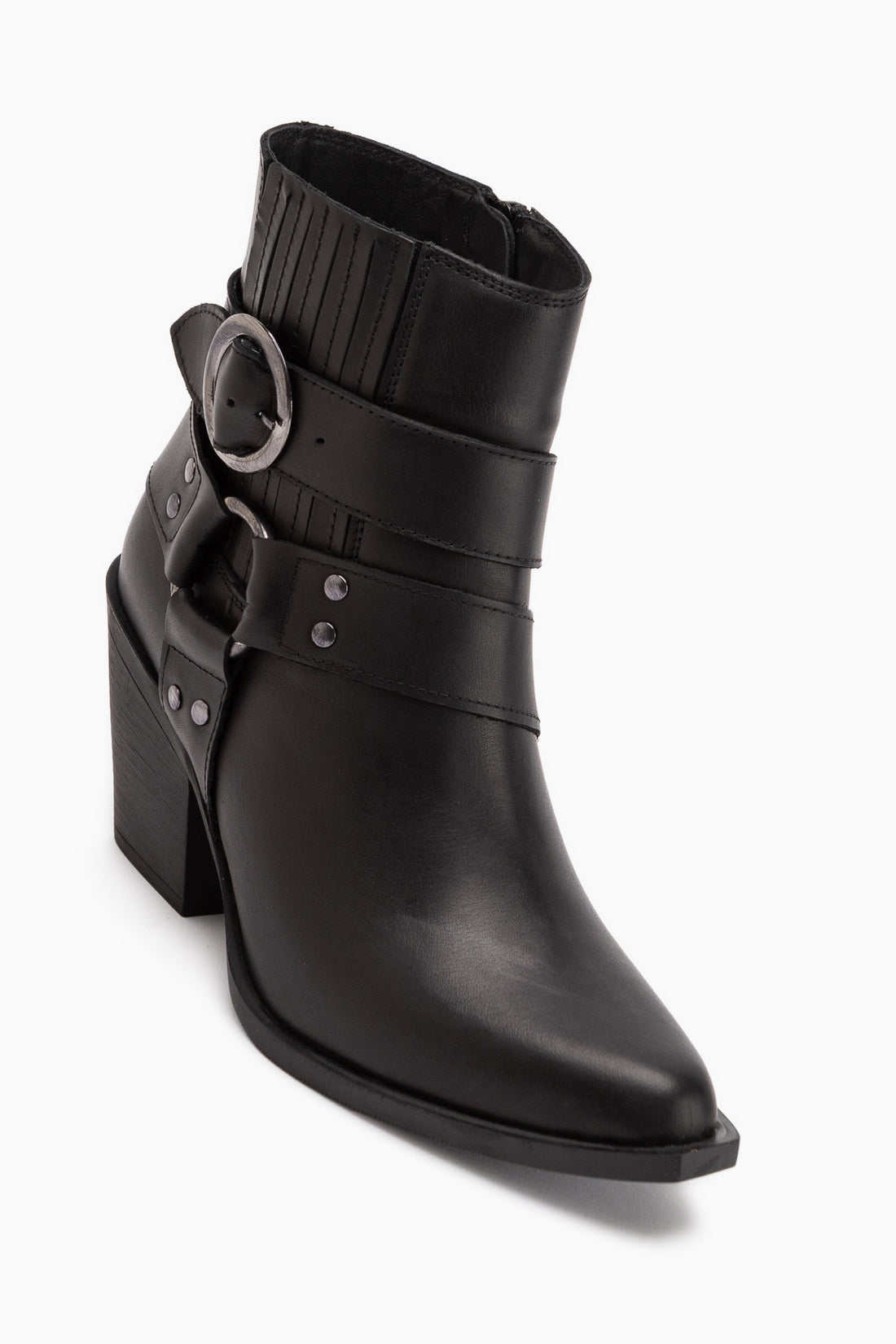 Yuri Echtes Leder Schwarz Doppel Schnalle Dick Absatz Damen Cowboy Stiefel