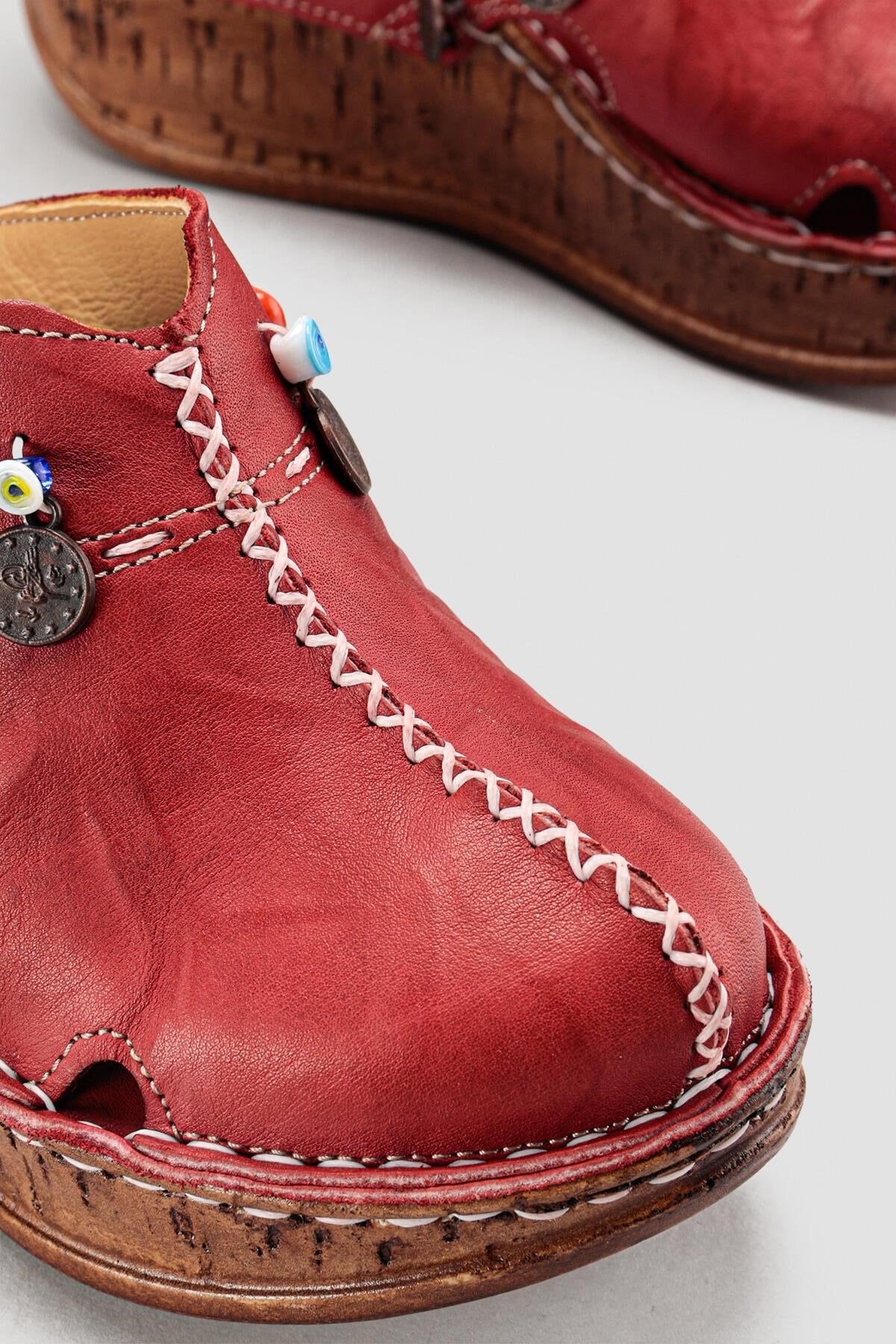 Genuine Leather Annika Claret Red Antique Detailed Filled Sabo Slippers