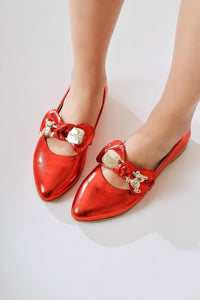 Joselin Red Wrinkled Patent Leather Bow Accessory Ballerinas