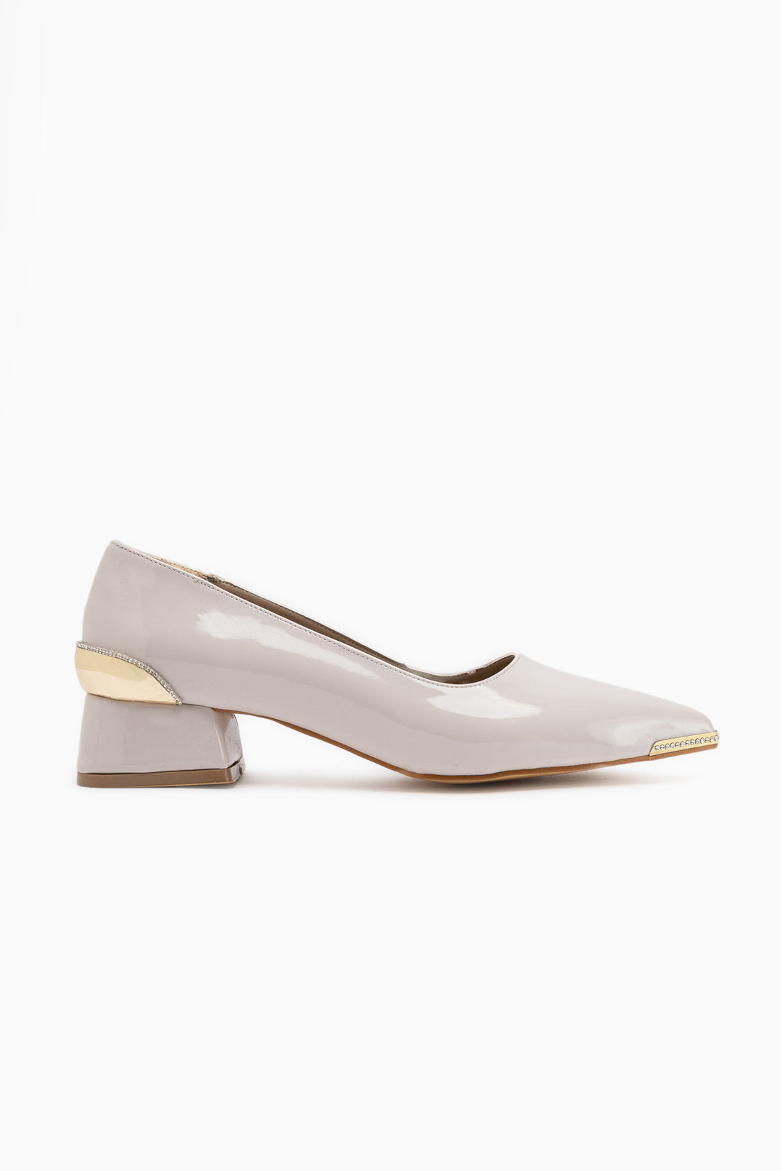 Alica Beige Lackleder Spitzes Kurzabsatz Damen Schuhe mit Stein Details