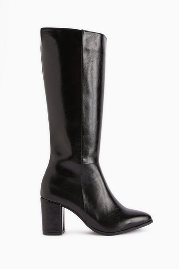 Tatum Black Wrinkled Patent Pointed Mid Heeled Boot