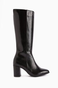 Tatum Black Wrinkled Patent Pointed Mid Heeled Boot