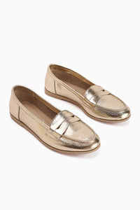 Solina Genuine Leather Gold Moccasin Shoes Comfortable Daily Loafers