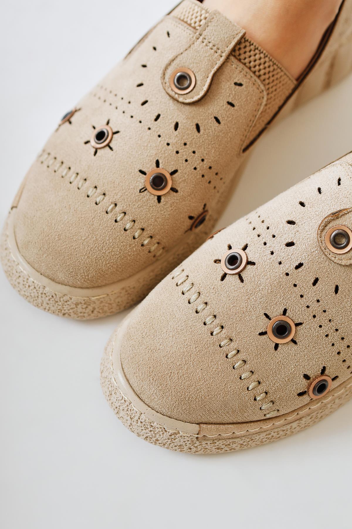 Bethina Beige Suede Rivet Detailed Laser Perforated Ballerinas