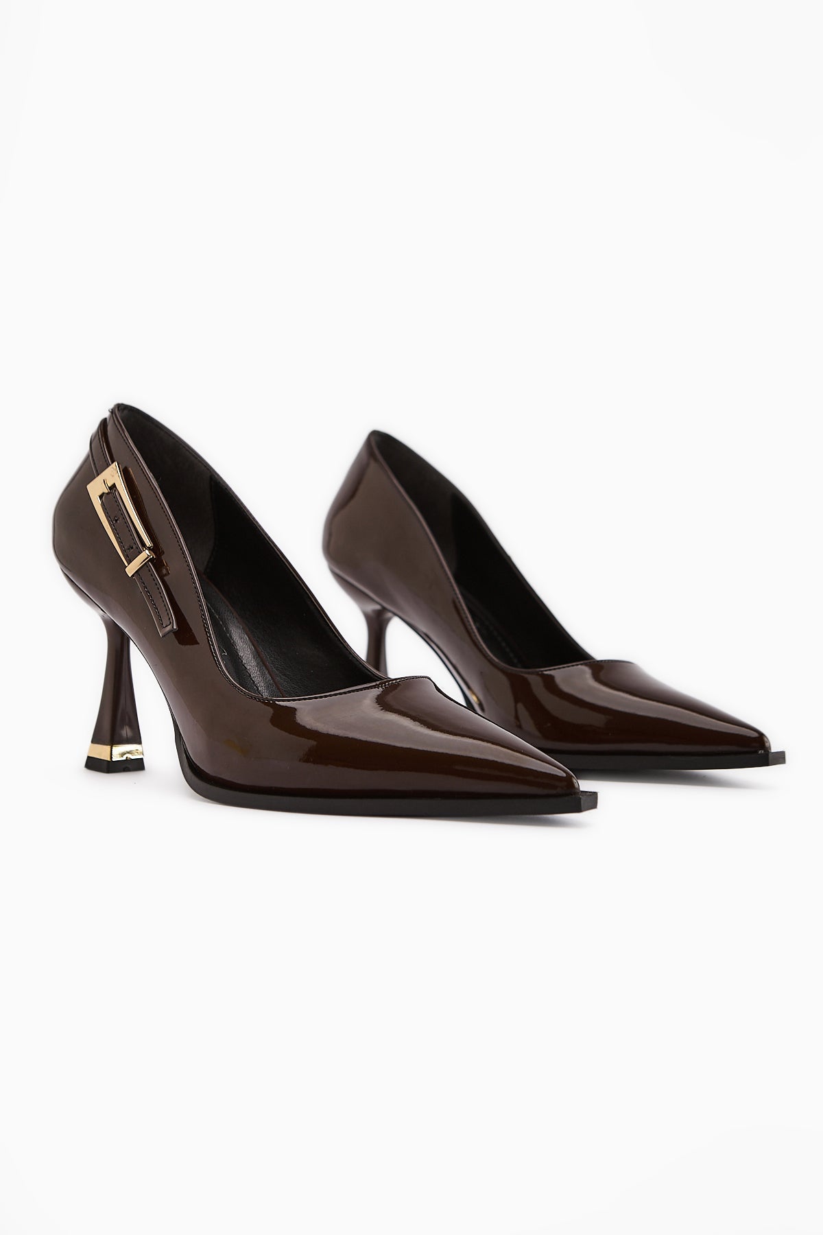 Mithra Coffee Patent Leather Pointed Toe Buckle Detailed Heeled Shoe