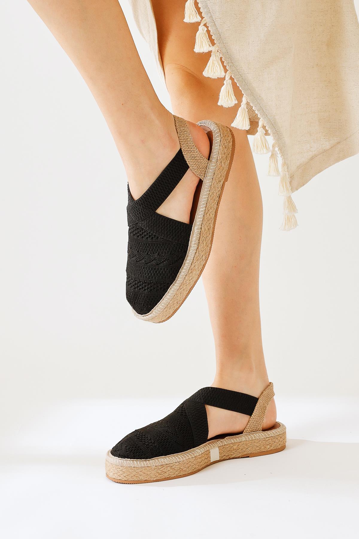 Zulma Black Closed Front Knit Cross Strap Linen Sole Sandals