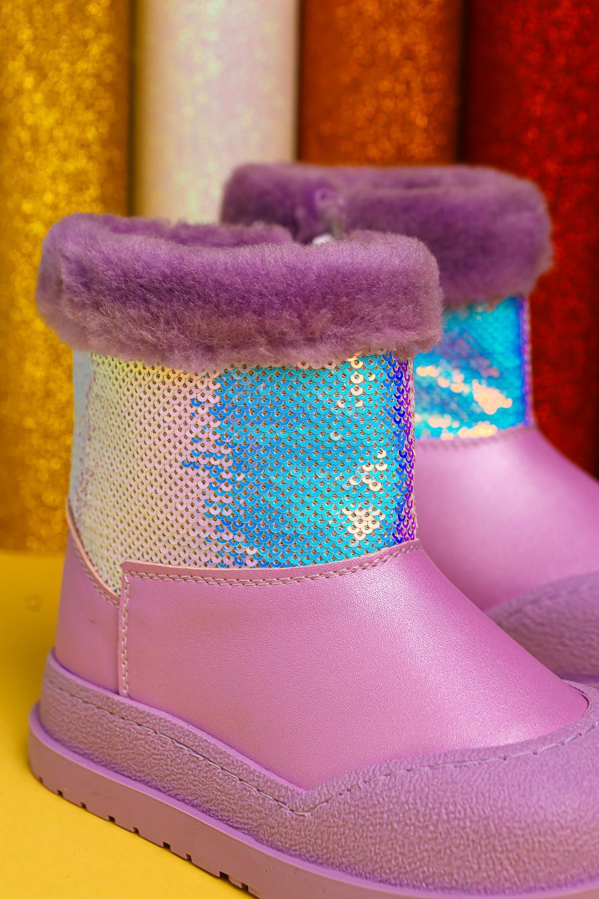Hanne – Lila Stiefelette mit Pailletten und veganem Fellfutter (Kinder)