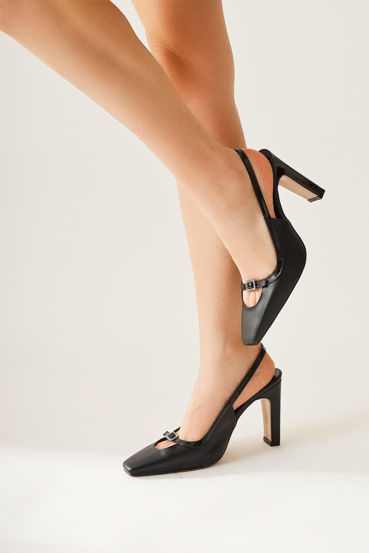 Elenita Black Flat Toe Stone Detailed Heeled Shoes