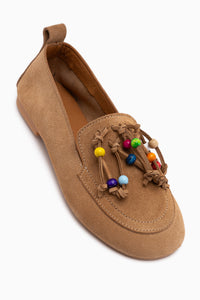 Genuine Leather Beige Beaded Detailed Fringed Women’s Loafer Casual Shoes