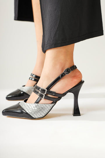 Tisha Black Silver Crocodile Detailed Double Buckle Pointed Toe Heeled Sandals