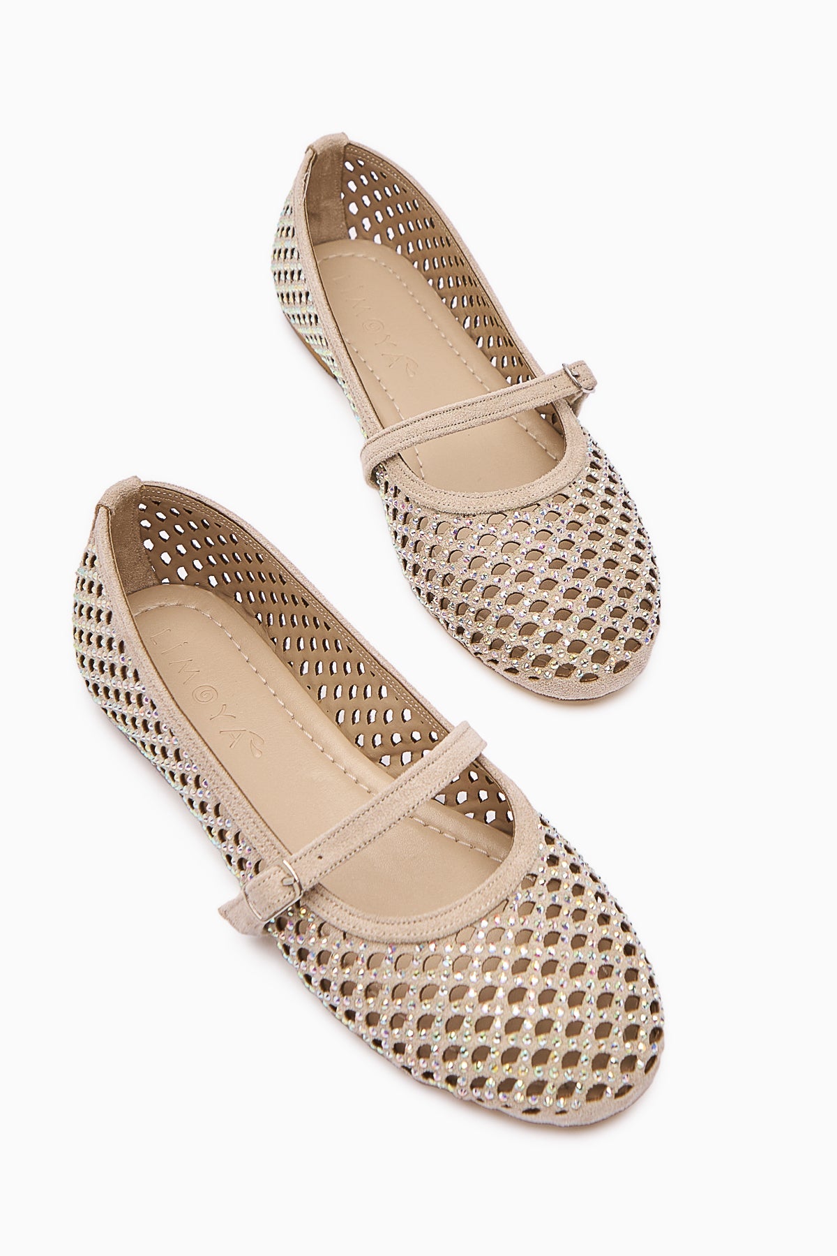Nicole – Nude Suede Oval-Toe Perforated Stone-Detail Single-Strap Casual Shoe (Women)