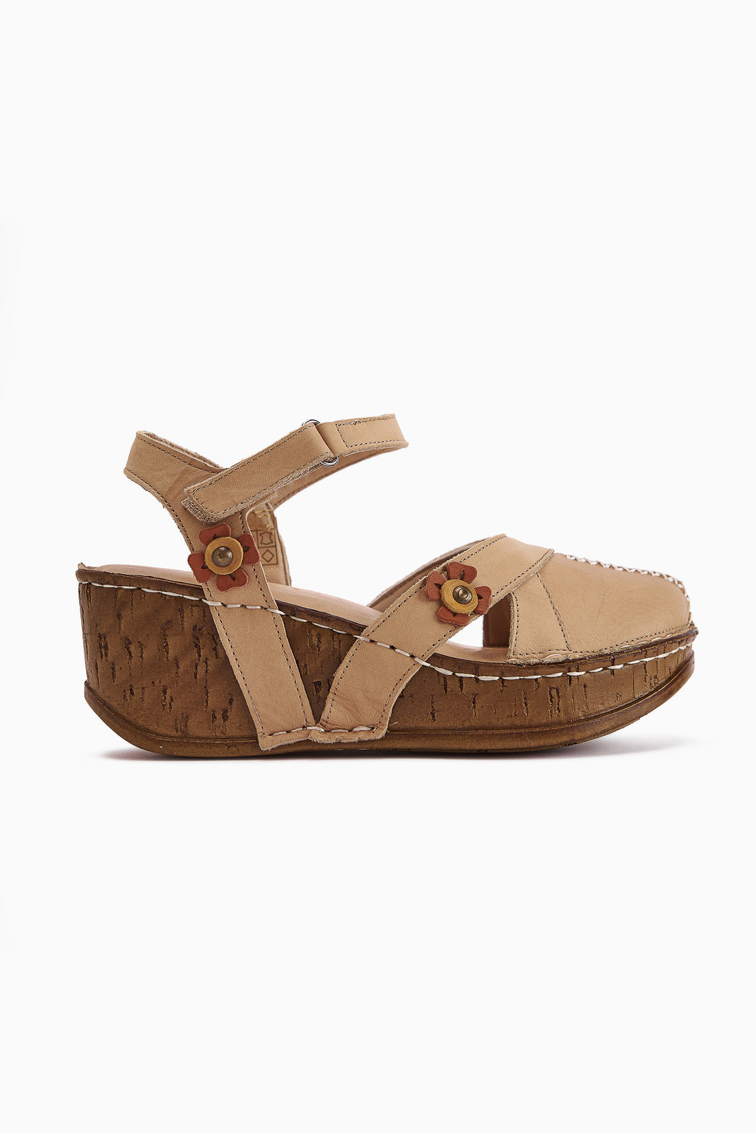 Echtes Leder Katlyn Beige Blumen Detail Geschlossene Zehe Keil Sandale