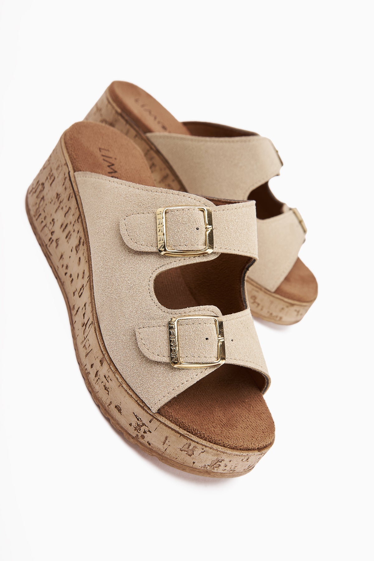 Samina Beige Wildleder Doppelriemen Blockabsatz Damen Hausschuhe