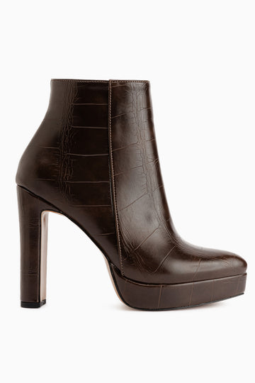 Abbie Brown Crocodile Pointed High Heeled Zipper Boots