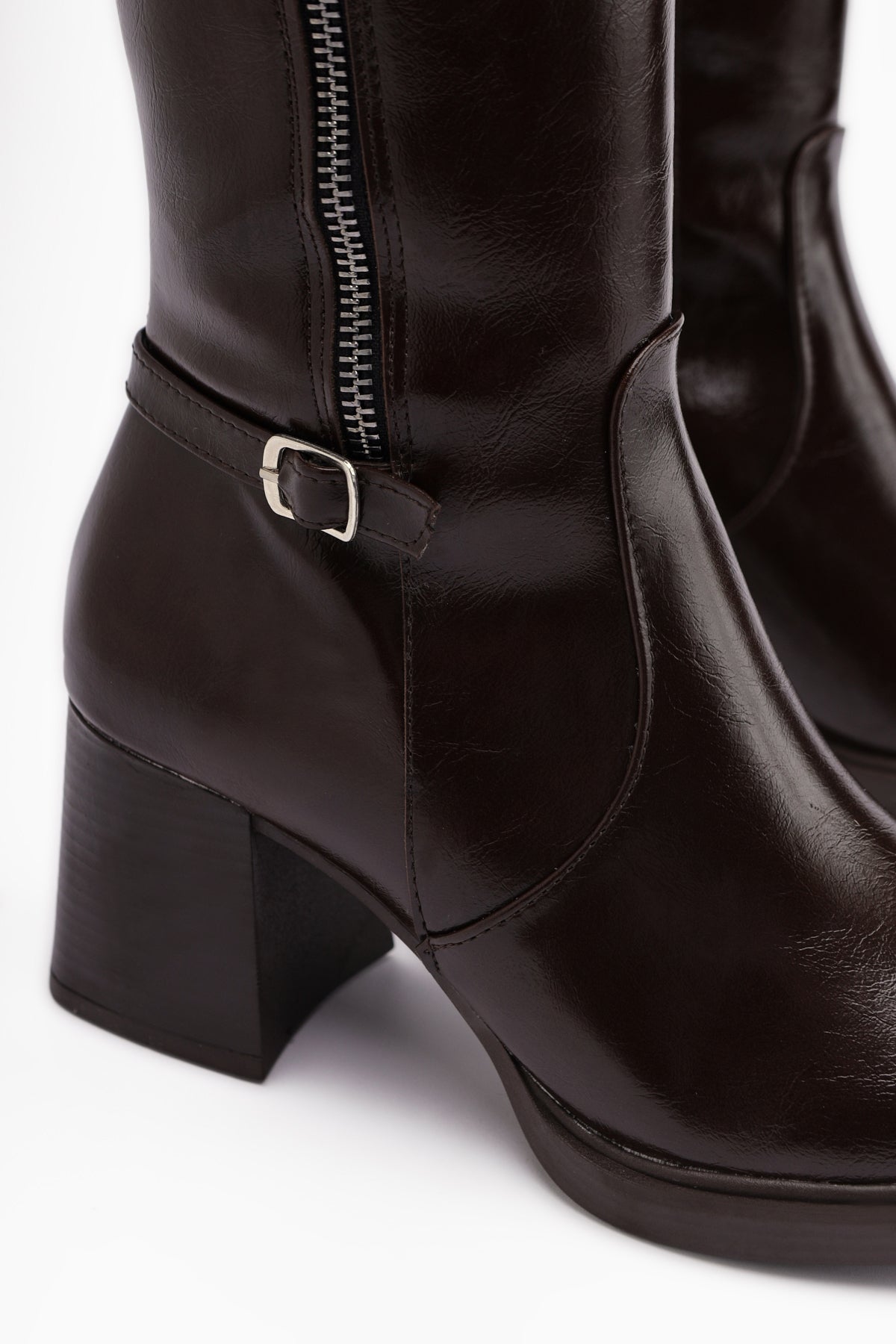 Nelia – Brown Wide-Shaft Heeled Knee-High Boot (Women)