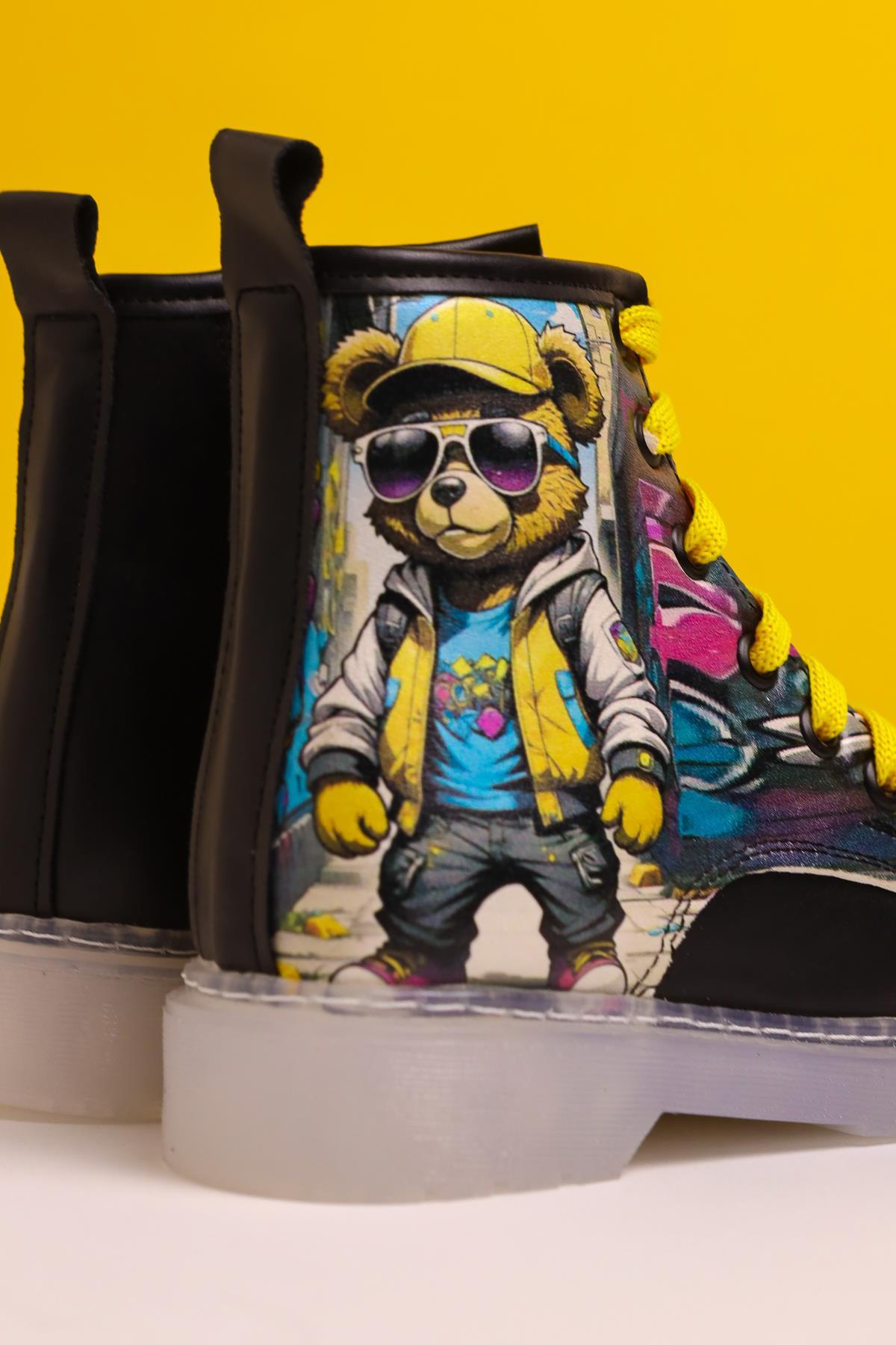 Denis Schwarz Gestreifte Charakterdruck Schnür-Kinderstiefel