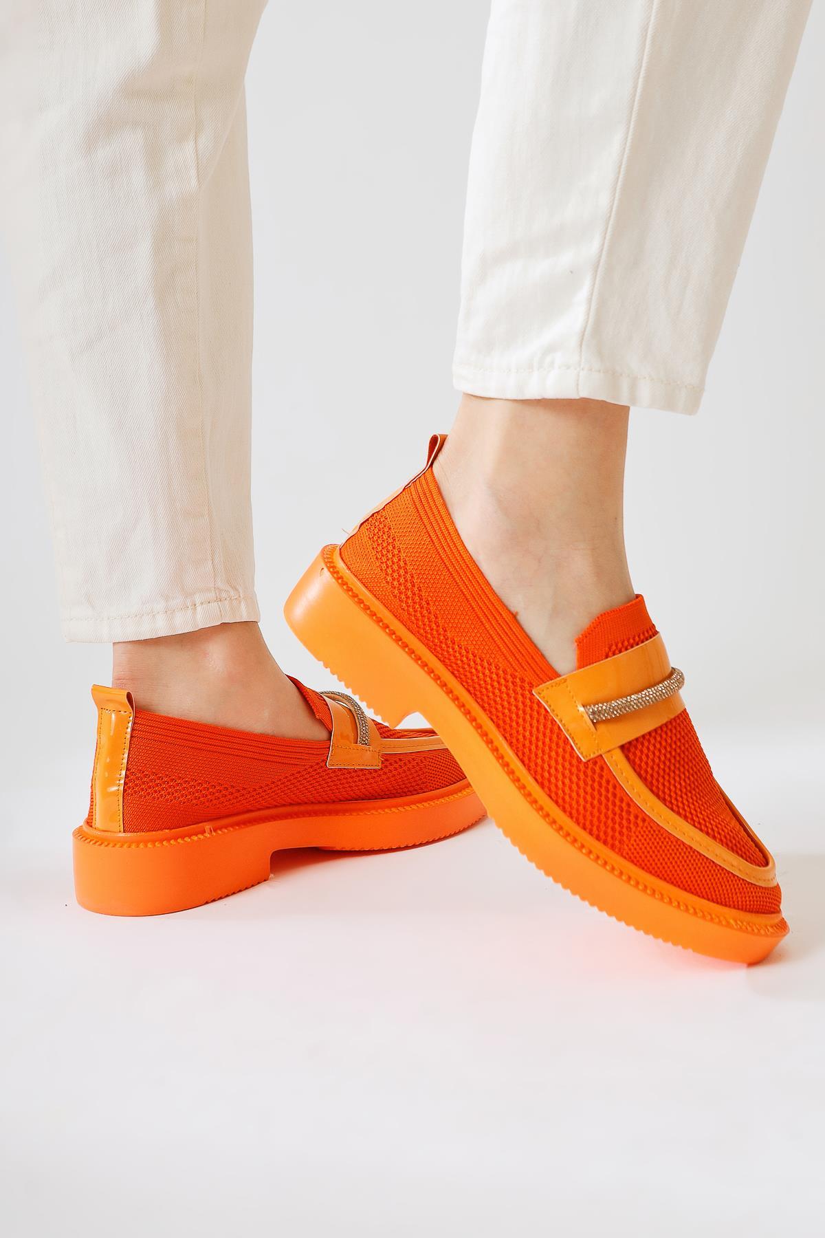 Micka Orange Knitted Patent Leather Detailed Stone Banded Casual Shoes