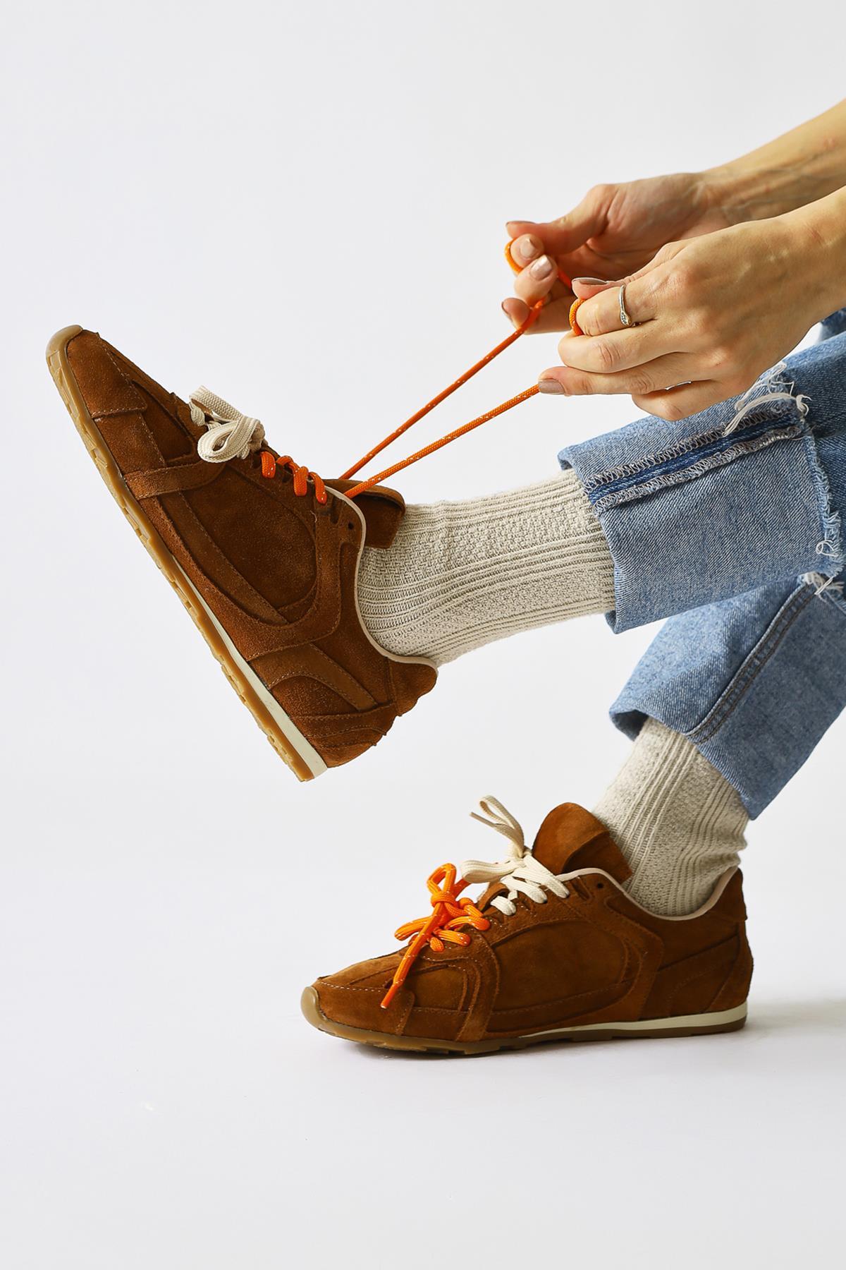Genuine Leather Suede Tan Suede Double Laced Sneakers