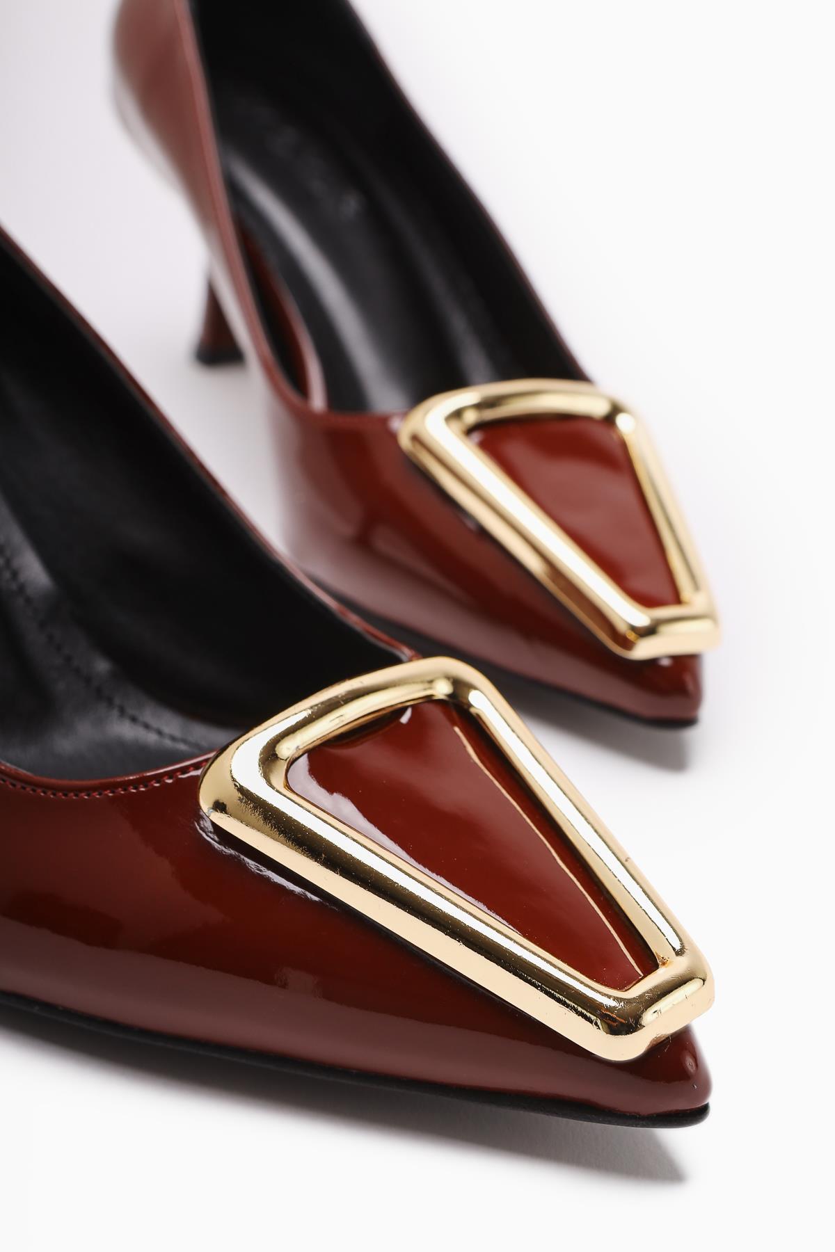 Carla Claret Red Patent Leather Pointed Toe Buckle Detailed Heeled Women's Shoes