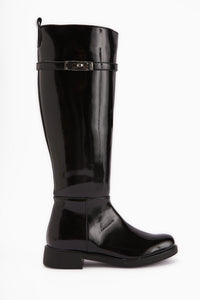 Kanako Schwarze Lackaccessoire Reißverschluss Kurze Absatzstiefel