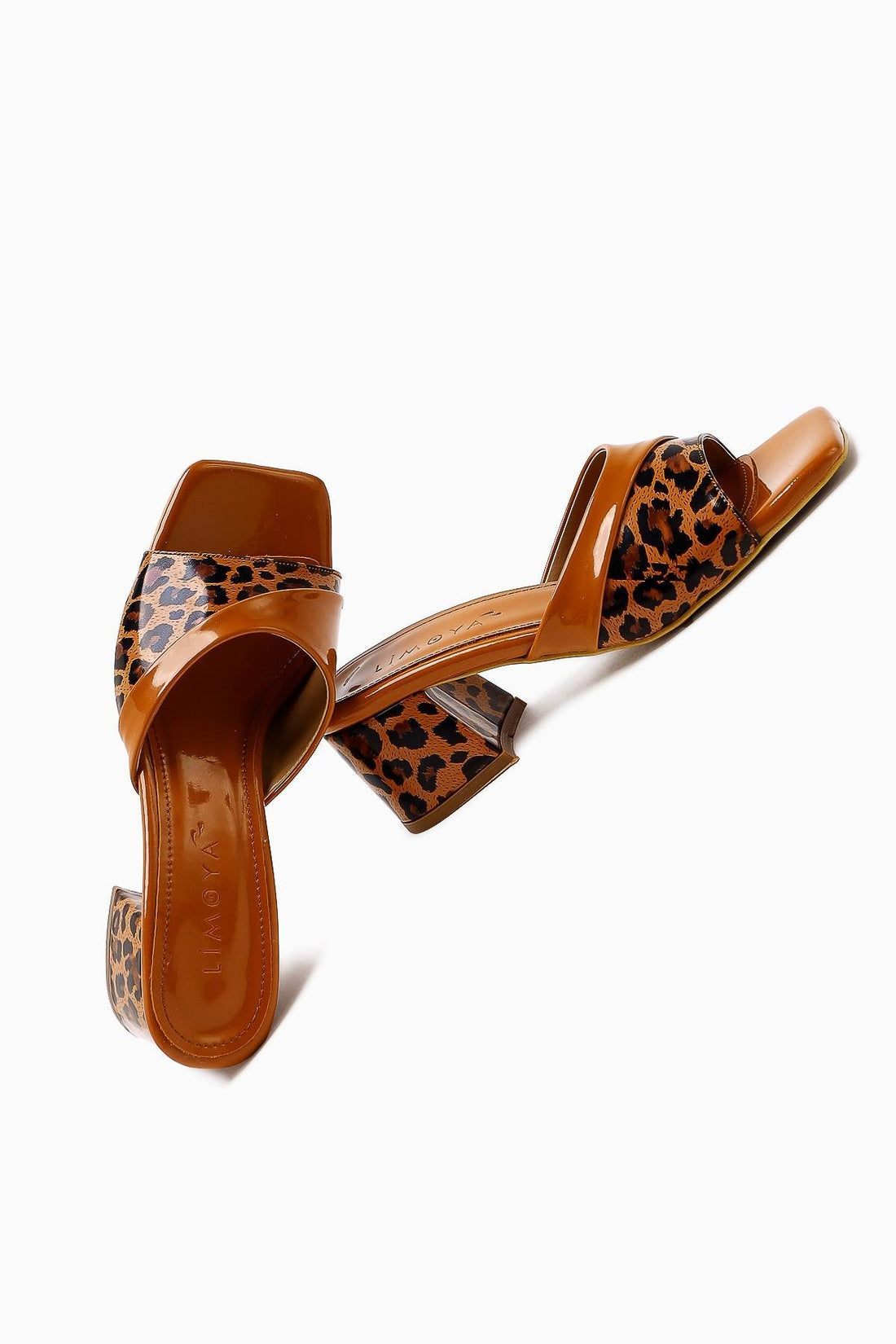 Morena Brown Patent Leather Leopard Detailed Short Heeled Women's Slippers