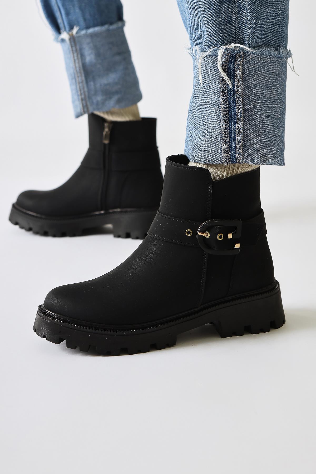 Nico – Black Oval-Toe Buckle-Detail Boot (Women)