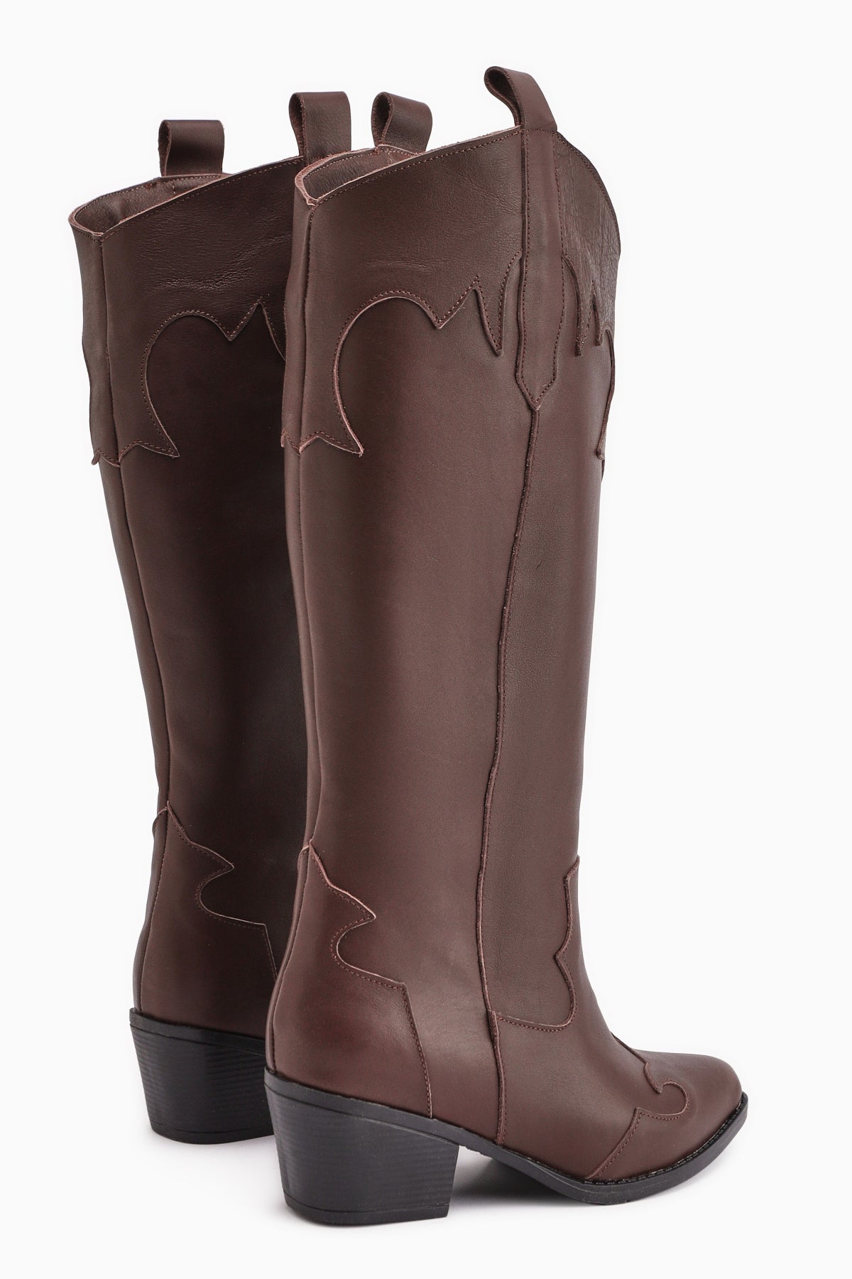 Lara – Braun Echtleder kniehoher Stiefel mit Absatz und Western-Detail (Damen)