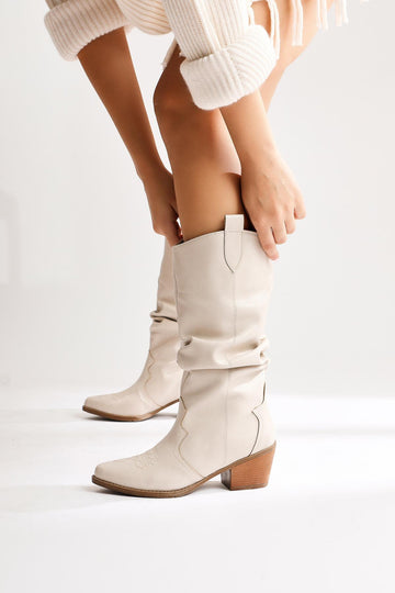 Lise-Britt Beige Gusseted Embroidered Western Boots