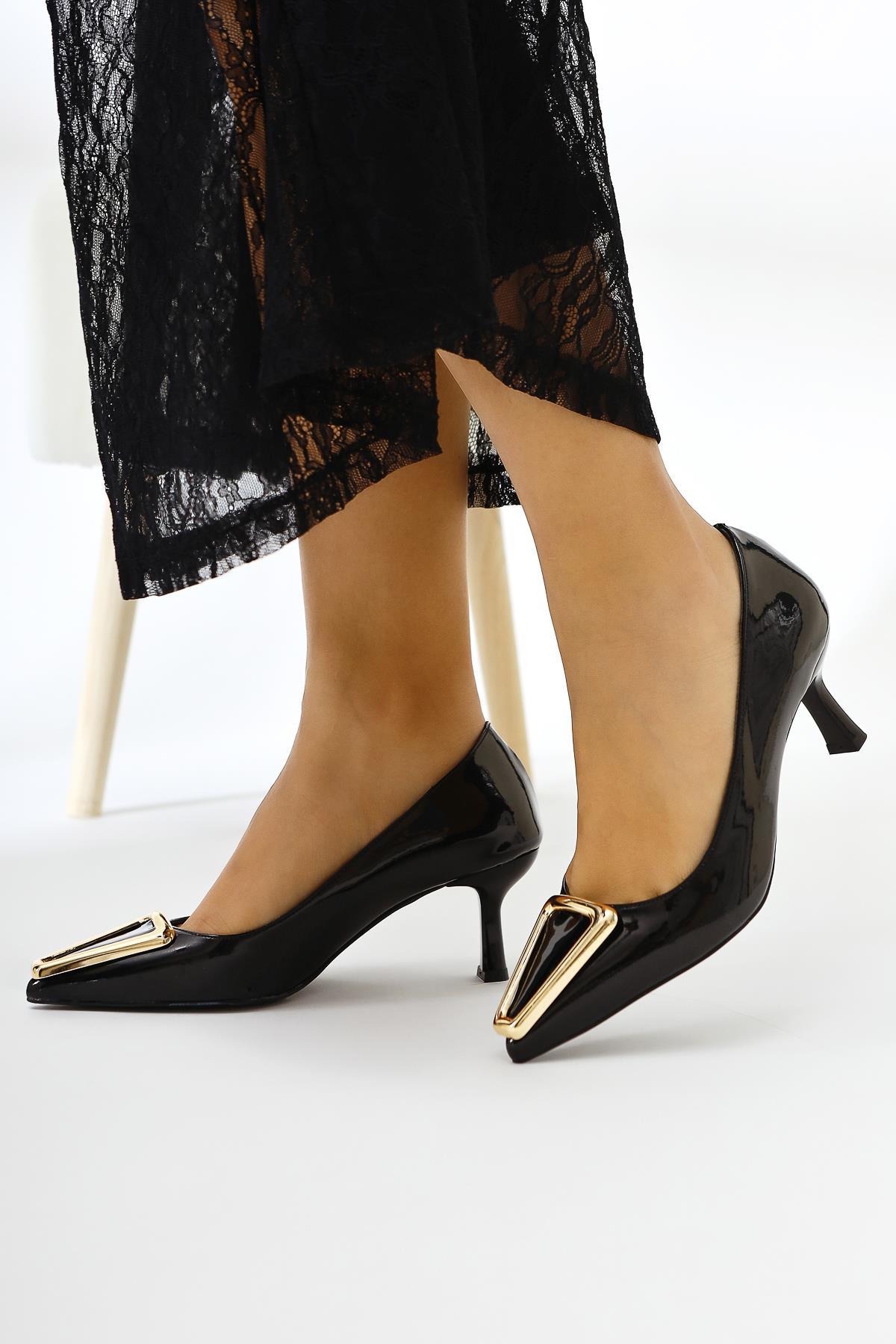 Carla Beige Patent Leather Pointed Toe Buckle Detailed Heeled Women's Shoes