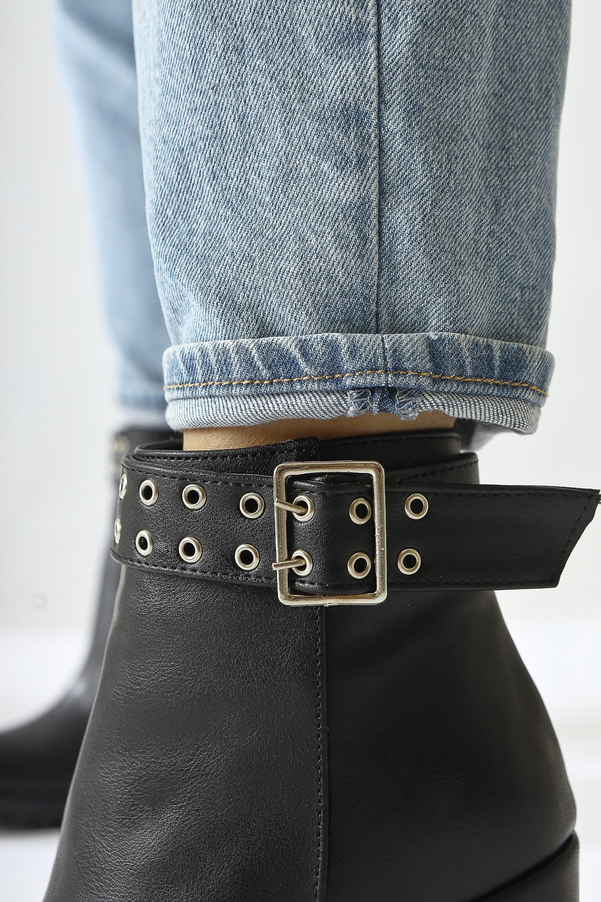 Jonny – Black Leather-Look Buckle-Detail Oval-Toe Zippered Boot (Women)