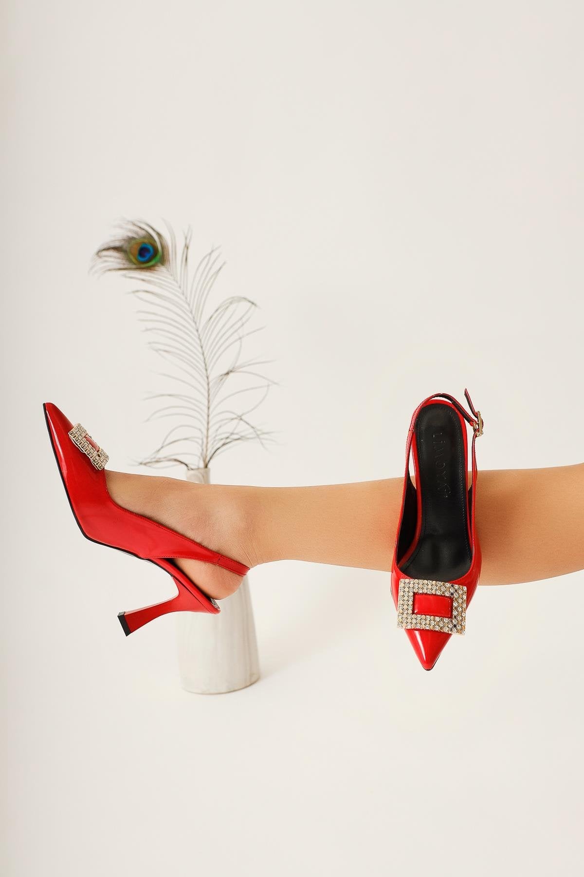 Dorin Red Patent Leather Stone Buckle Detailed Pointed Toe High Heel Shoes
