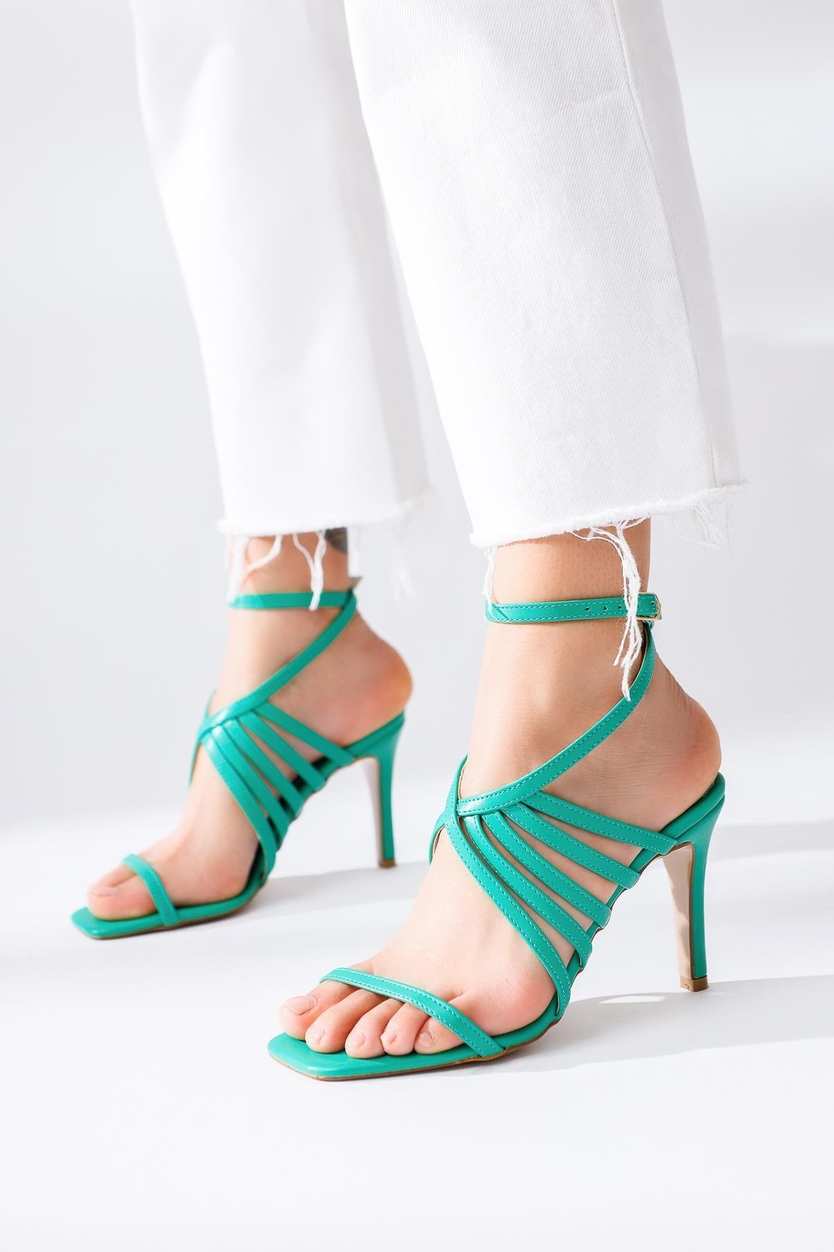 Paris Green Thin Cross-Strap Heeled Sandals