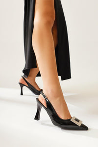 Dorin Black Patent Leather Stone Buckle Detailed Pointed Toe High Heel Shoes