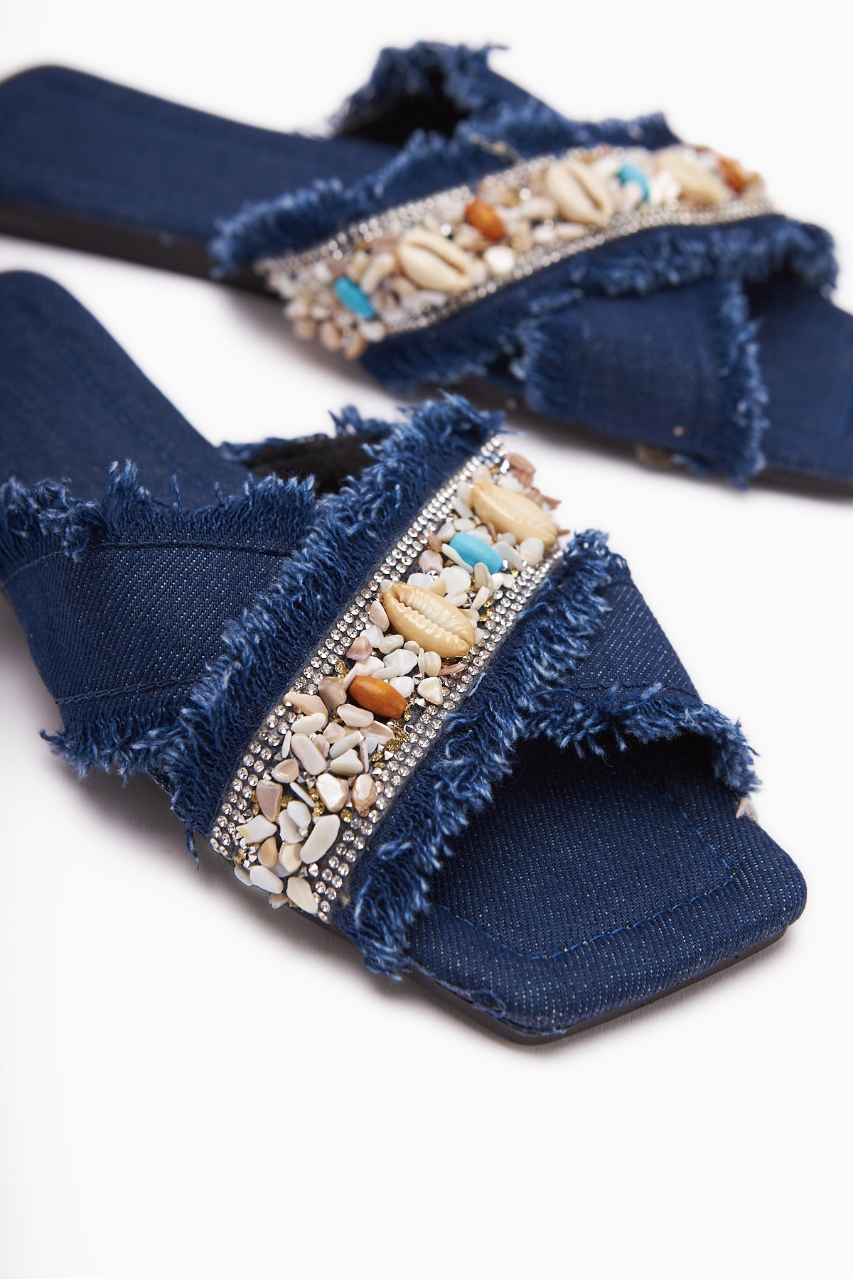 Felisa Navy Stone and Sea Shell Embellished Bohemian Women's Slippers