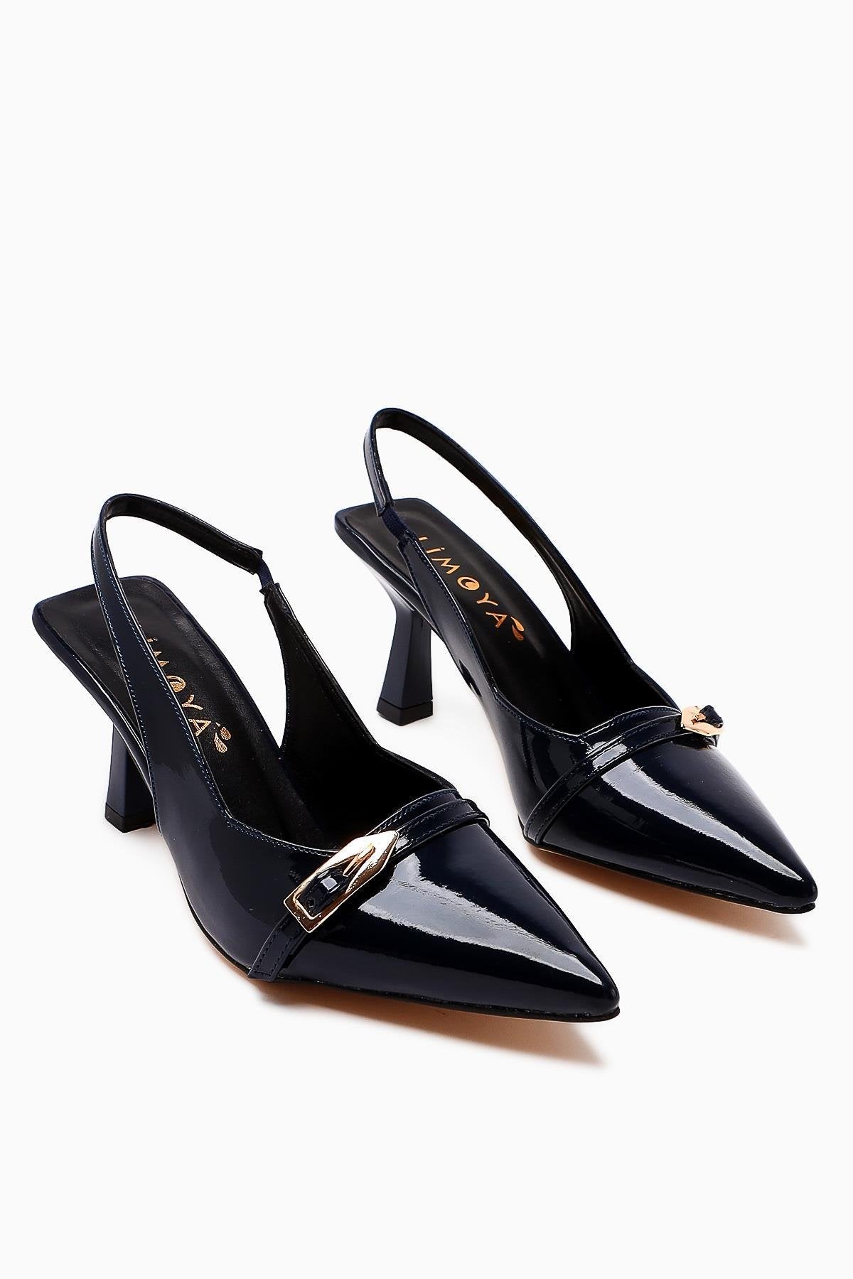 Camillas Navy Blue Patent Leather Pointed Toe Buckle Detailed Women's High Heel Shoes
