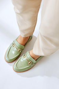 Lise Lott Green Patent Leather Buckle Detailed Casual Shoes