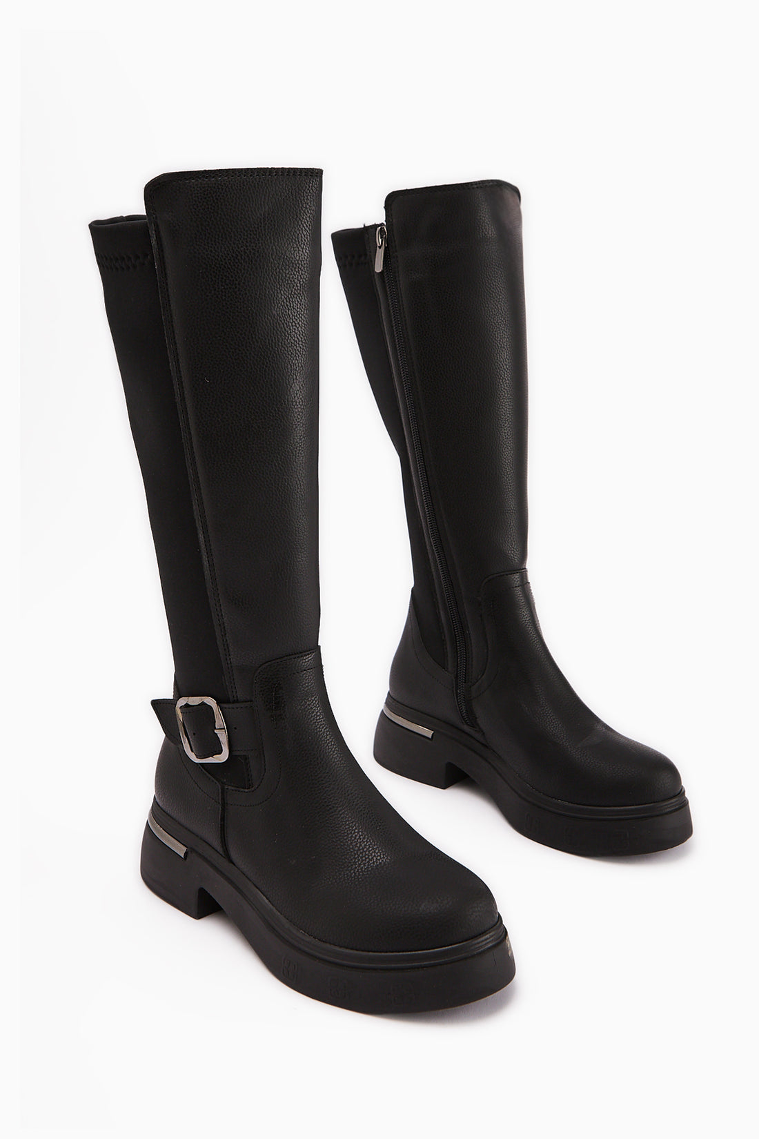 Faria Schwarze Tauchstoff Detail Buckle Dicke Sohle Stiefel