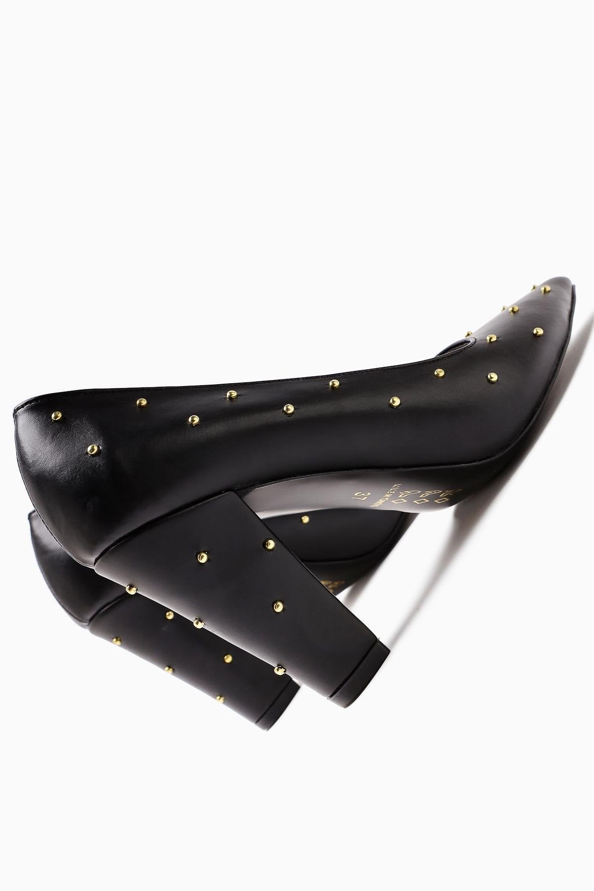 Audrey Black Pointed Toe Studded Detailed Heeled Women's Shoes