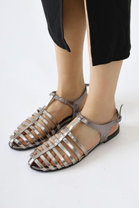 Zafu Platinum Patent Leather Thin Strapped Flat Sandals