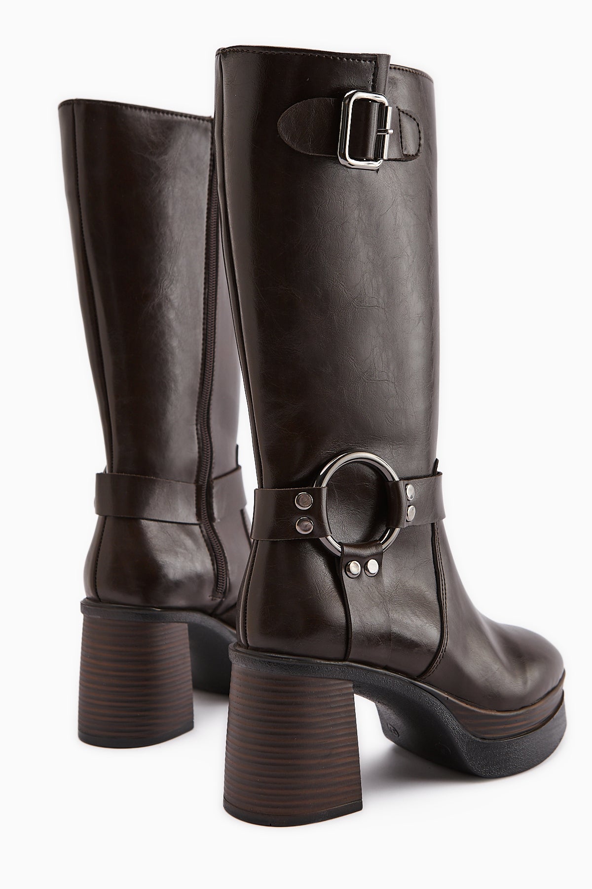 Beris Coffee Buckle Detailed Platform Heeled Women's Boot