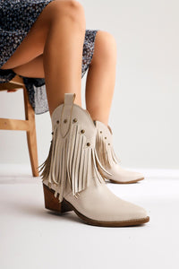 Lillebeth Beige Tassel Stud Detail Western Boots
