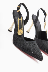 Denise Steinverzierte Schwarze Knöchelbindung Absatz Damenschuh