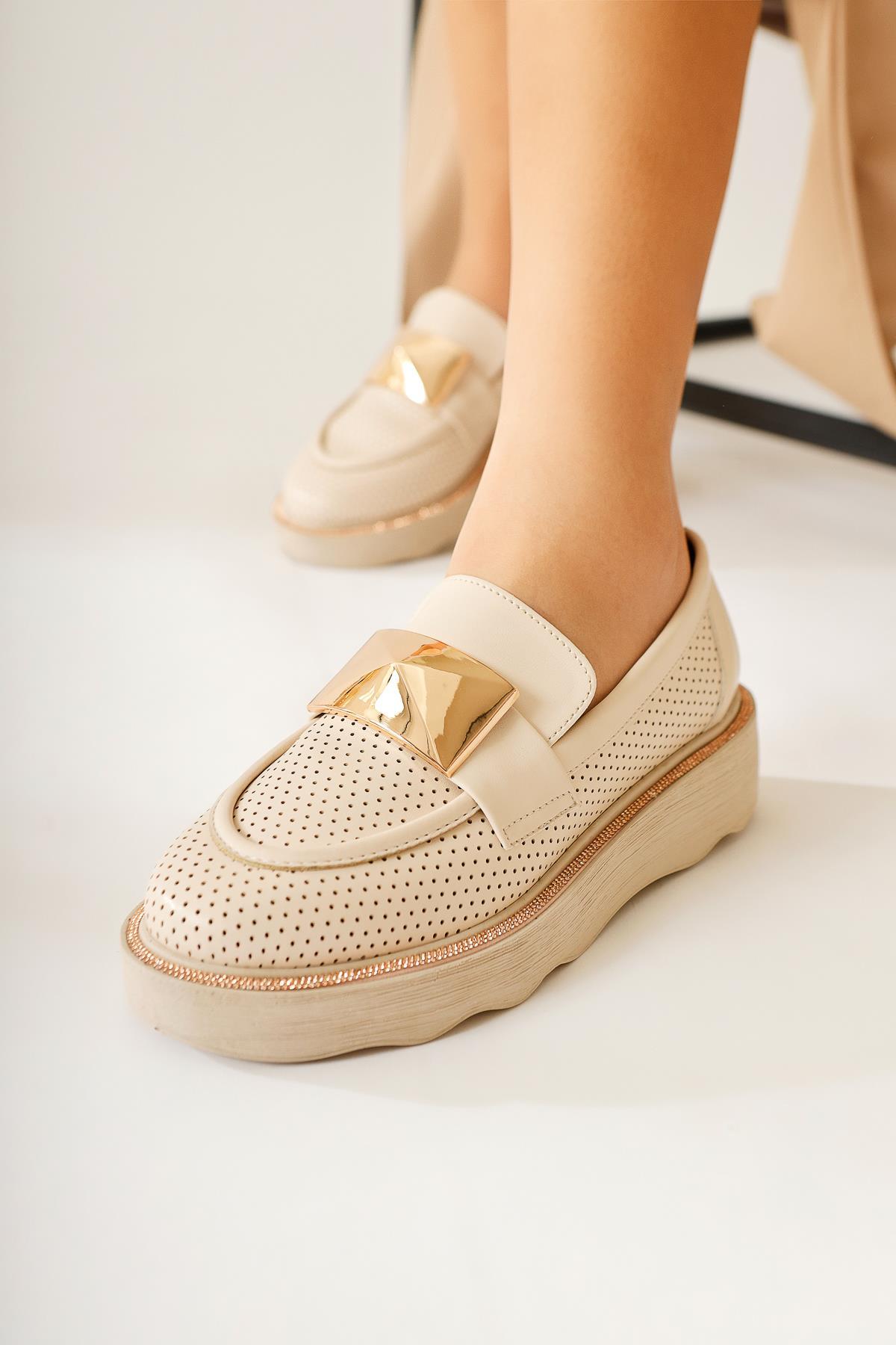 Khloe Beige Buckle Detail Perforated Loafers
