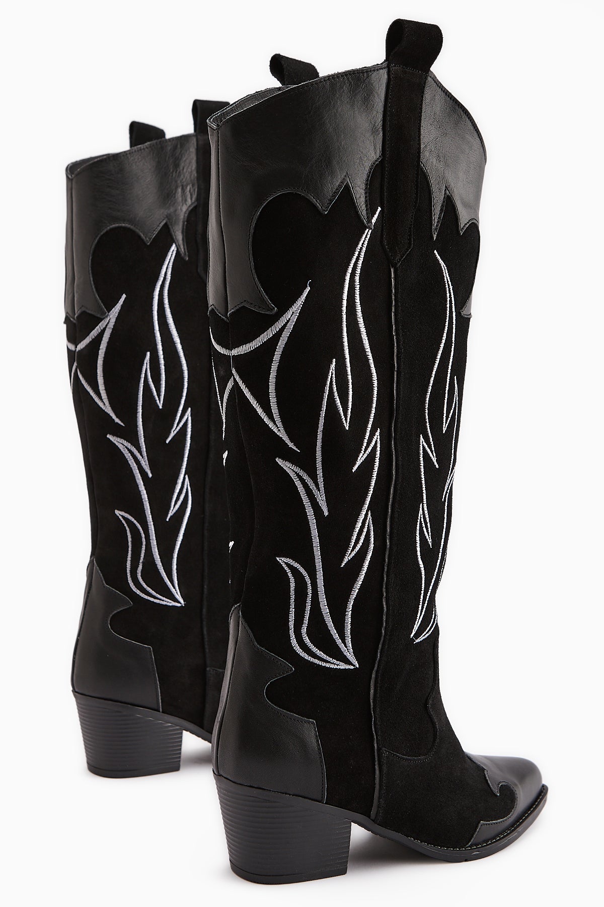 Lara Genuine Leather Black Suede Embroidered Western Boot with Leather Detail