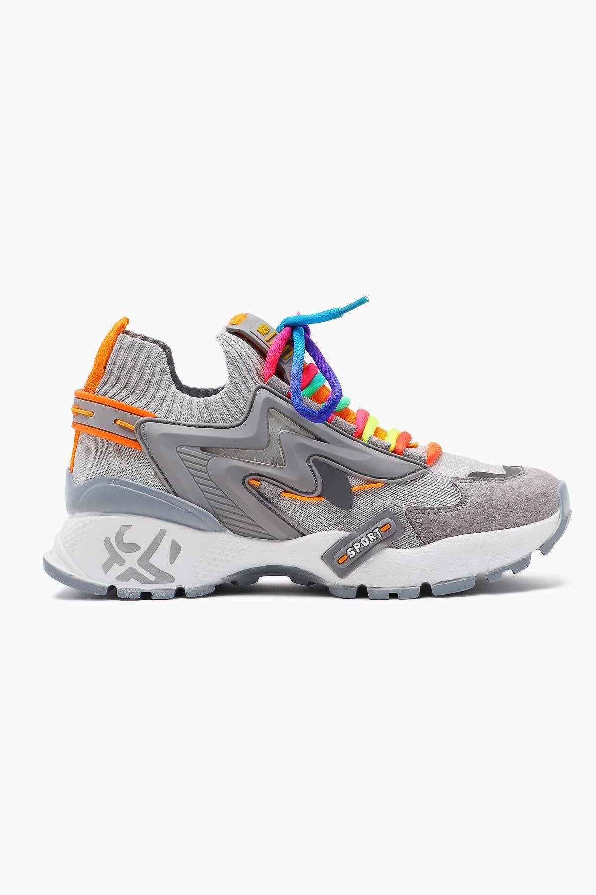 Anabell Gray Knit Suede Detailed Colorful Lace-Up Women's Sneakers